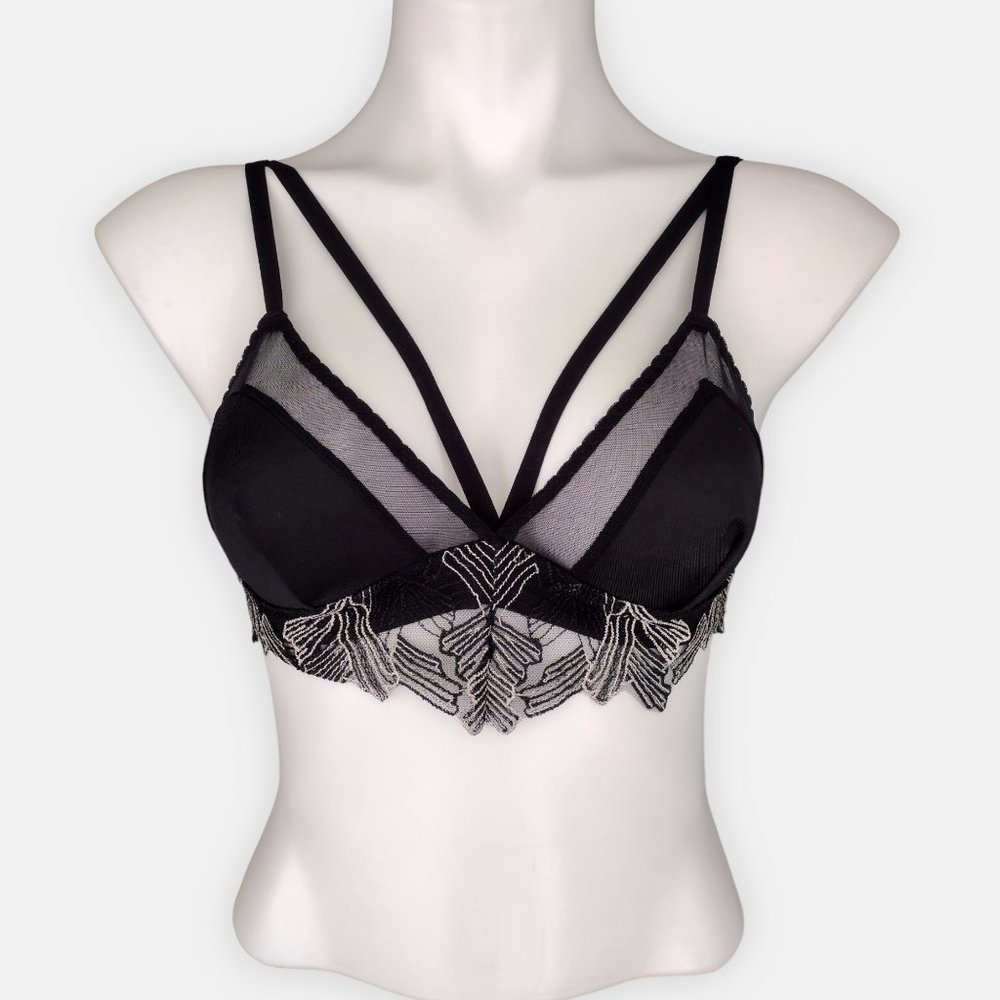 Fantasy Lingerie Strappy Black Mesh Back Tie Bralette Size S / M